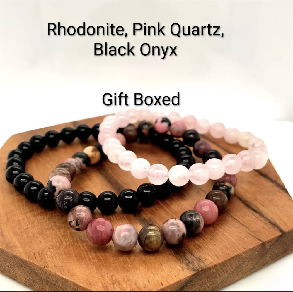 3 Pc Chakra Bracelets 6mm Beads Pink Quartz Rhodonite Black Onyx Jewelry